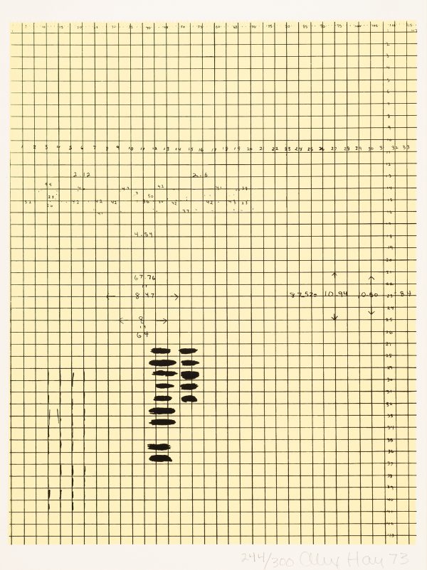 A black grid on yellow paper with scattered numbers and formulas.