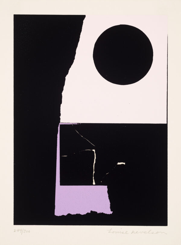 An abstraction of black, lilac and white. A black circle is in the top right.