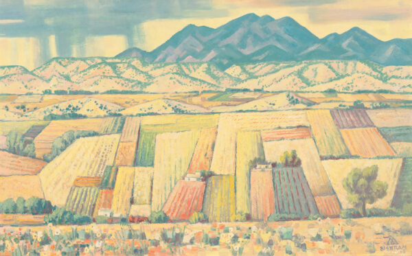 Landscape with blue mountains and rain in the background. The foreground has fields in many colors and abstract shapes.