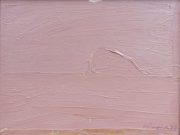 A minimal landscape of a horizon line painted in pink impasto.