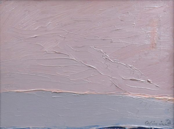 A minimal landscape of a horizon line painted in pink and blue impasto.