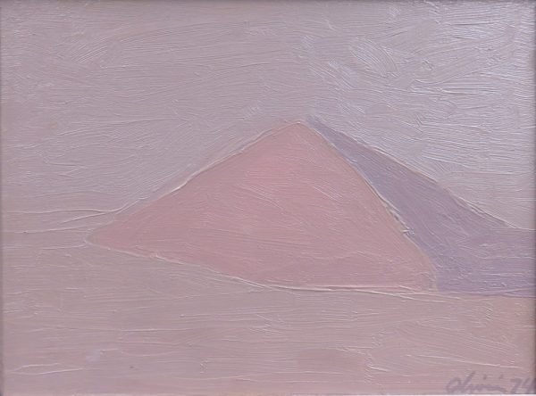 A pyramid in pink and blue impasto.