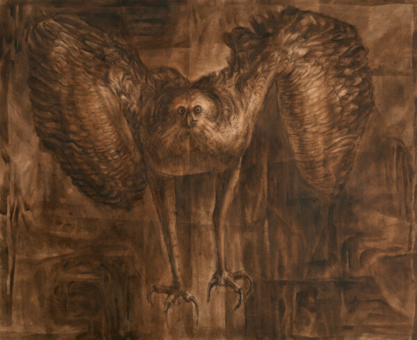A raptor fills the space with wings arched.