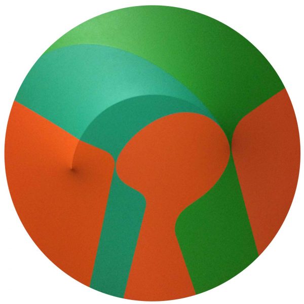 A shaped canvas with green, blue and orange abstracted shapes painted on it.