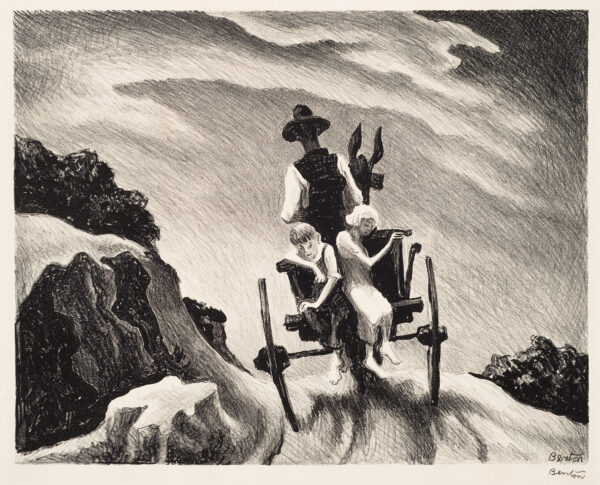 A view from behind of a cart pulled by a donkey with a man in a hat driving and two children in the back.
