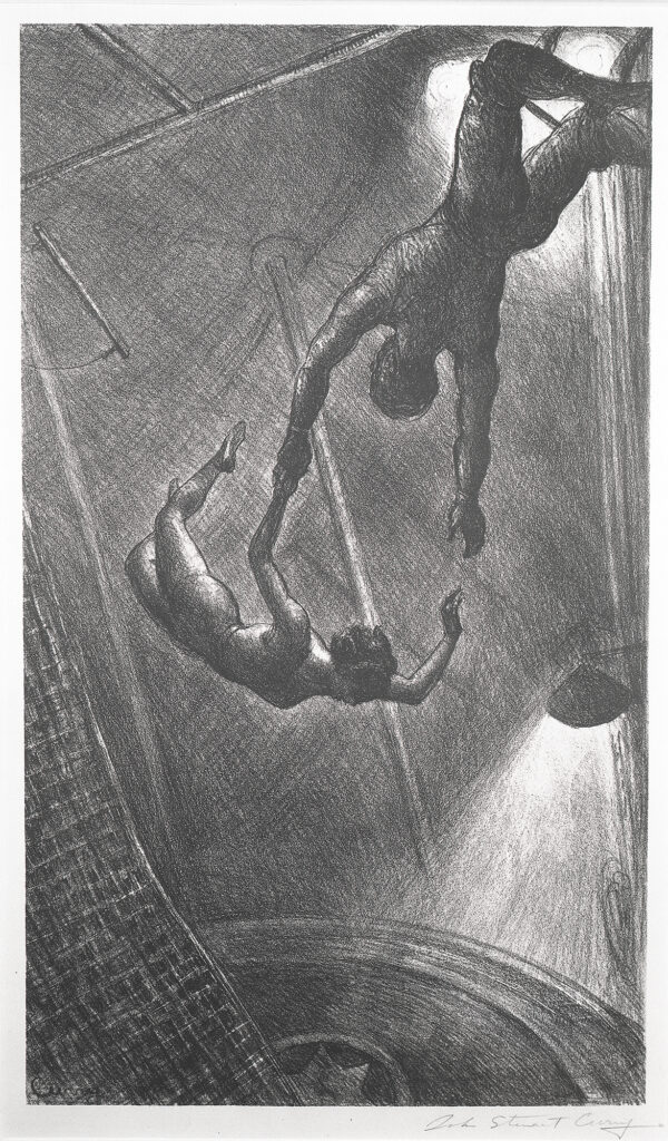 Two high-wire acrobats, one missed catching the other's hand.