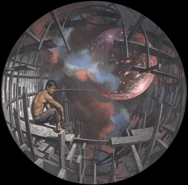 A circular composition of man sitting in construction site with a planet in the sky.
