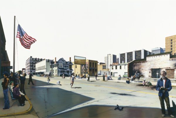 A imaginary street scene that is made of historical buildings and events in Wichita, including a self-portrait of the artist.