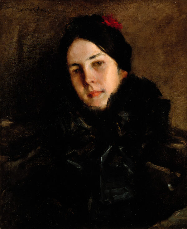 Portrait of the artist's wife, Alice Gerson, in black clothes, with a red flower in her hair and against a brown background.