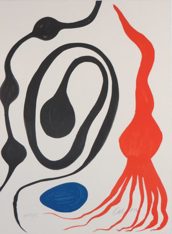 Organic shapes in red, black and blue on cream background.