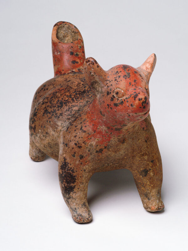 In red polished clay a fat dog with large ears and the tail that is a hollow spout.