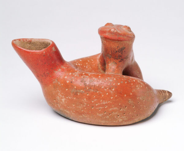 In red polished clay a rattlesnake with a tail that is a hollow spout.