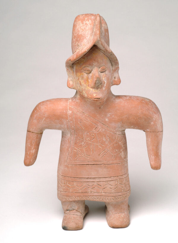 A standing male figure with arms pointing down and helmet.