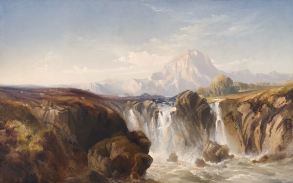 A vast landscape including a rocky waterfall and a mountain in the distance.