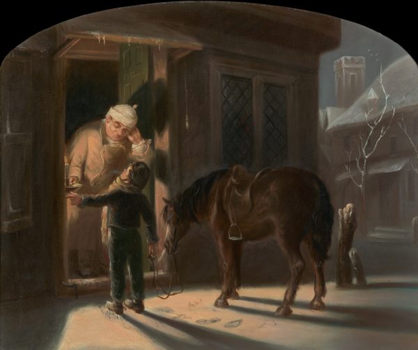A young boy with pony is at the door of a Doctor, asking for help. The Doctor is in his night clothes, holding a candle.