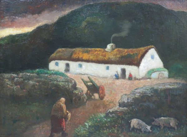 A man walks up a path to a white home with a dark mountain behind.