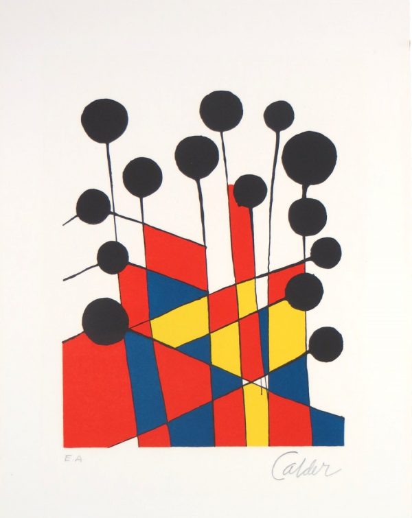 Abstraction of black circles over red, yellow and blue geometric arrangment
