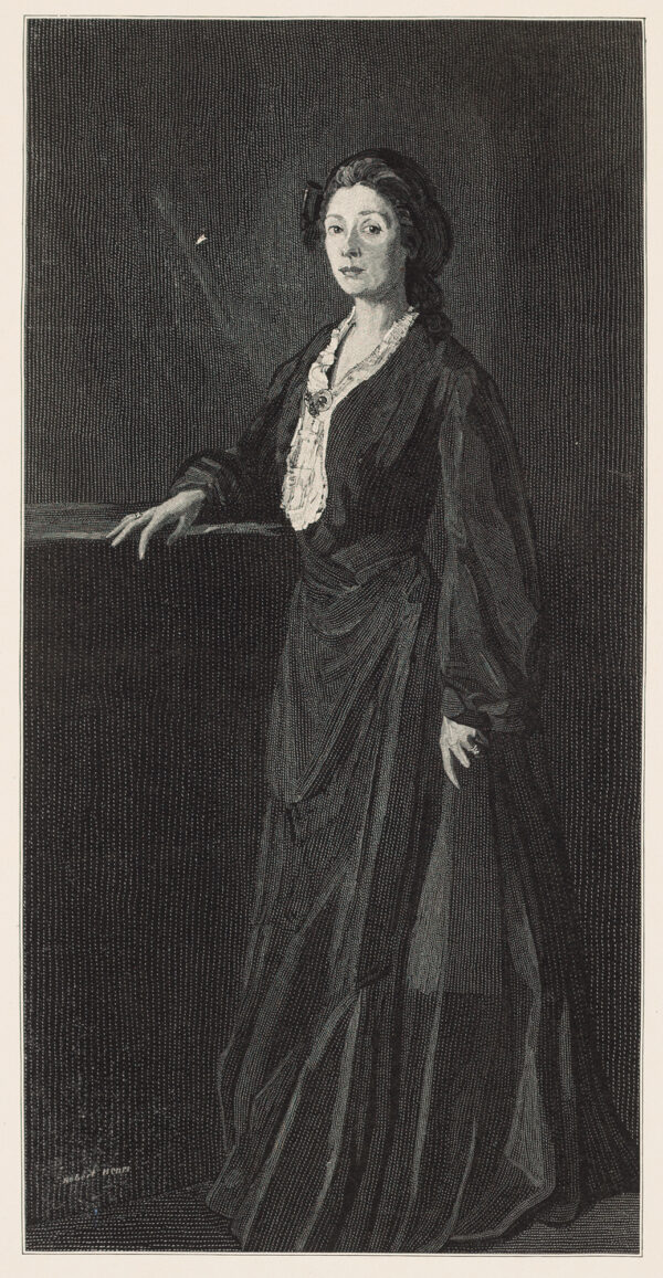 Full-length portrait of a woman in a dark dress with white lace collar.