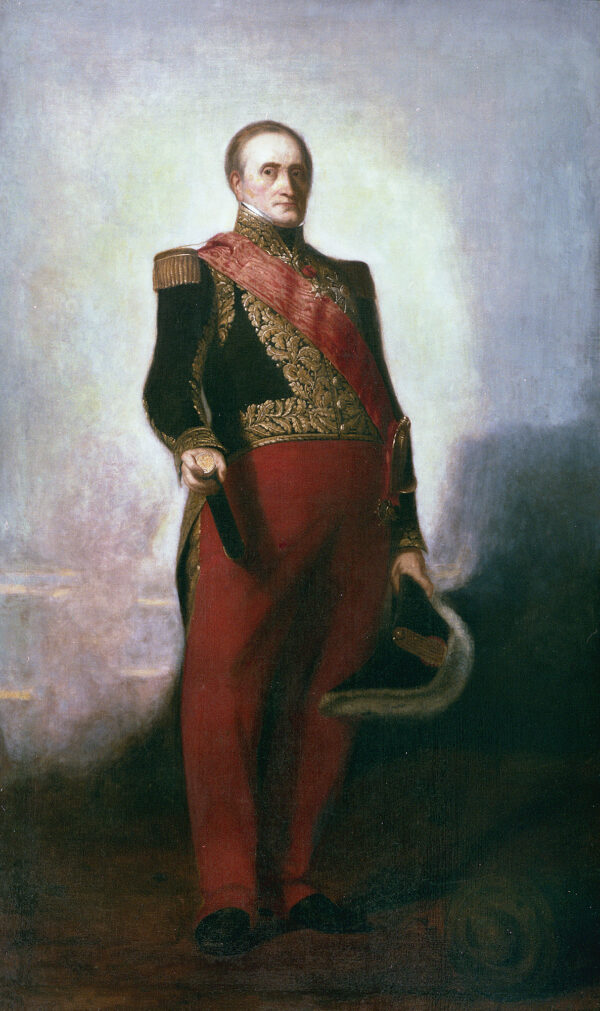 A full-length portrait of Marshal Soult in military uniform. Soult was the official representative of France. The portrait was commissioned by Andrew Stevenson and painted from life in Paris, then brought to Virginia and hung at Blenheim, Stevenson's Virgina estate.