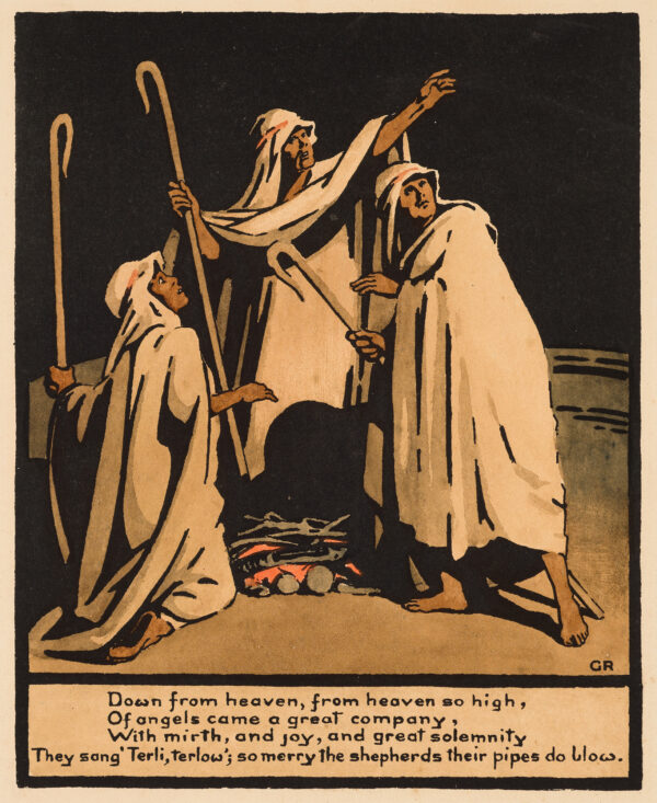 Three shepherds look up at the sky.
