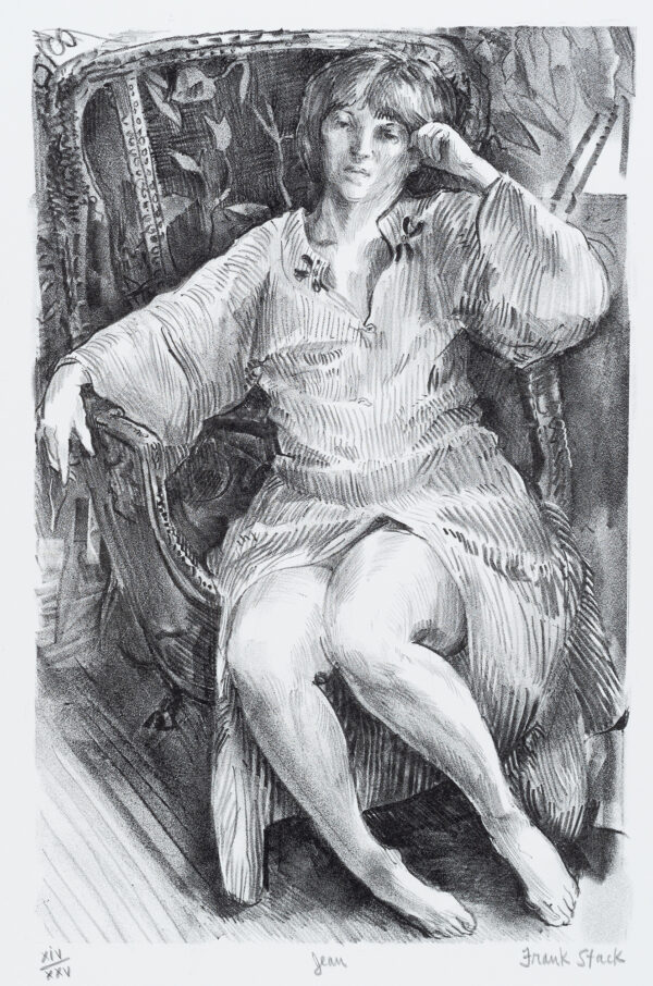 A seated woman in a gown pulled back to expose her legs.