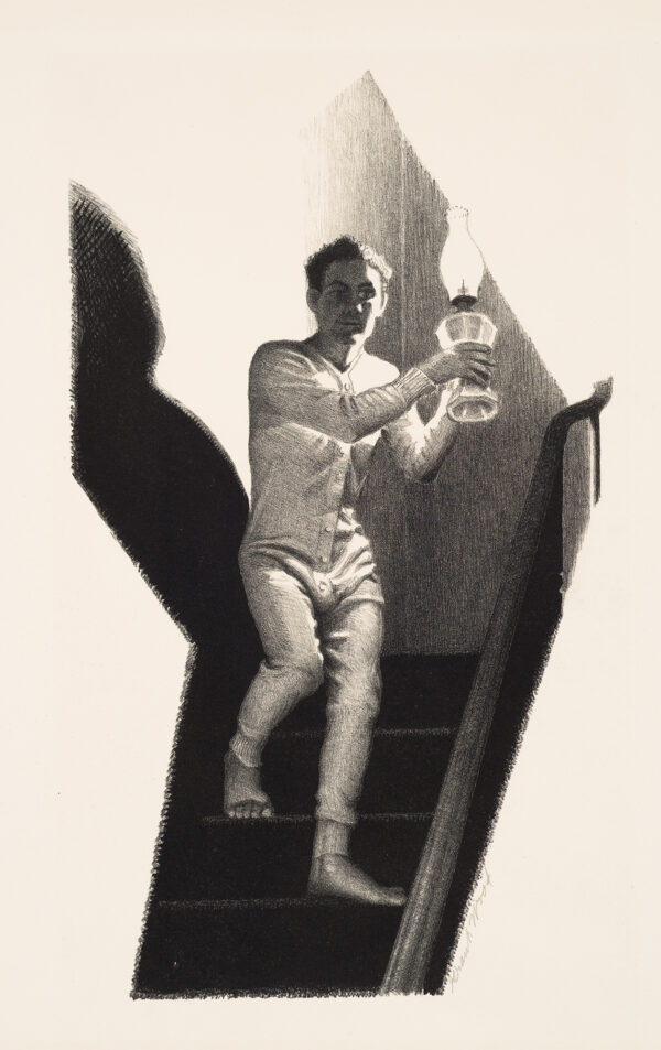 A man walks down stairs in his long underware carrying a lamp which casts dramatic shadows.