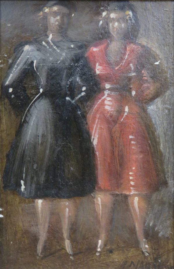 Two women, standing next to each other with their hands behind their backs. Woman at left is wearing a black coat, one at right in red coat.