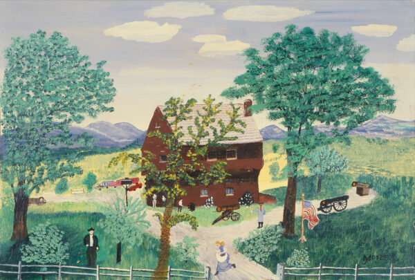 A farm scene with people, building and trees.