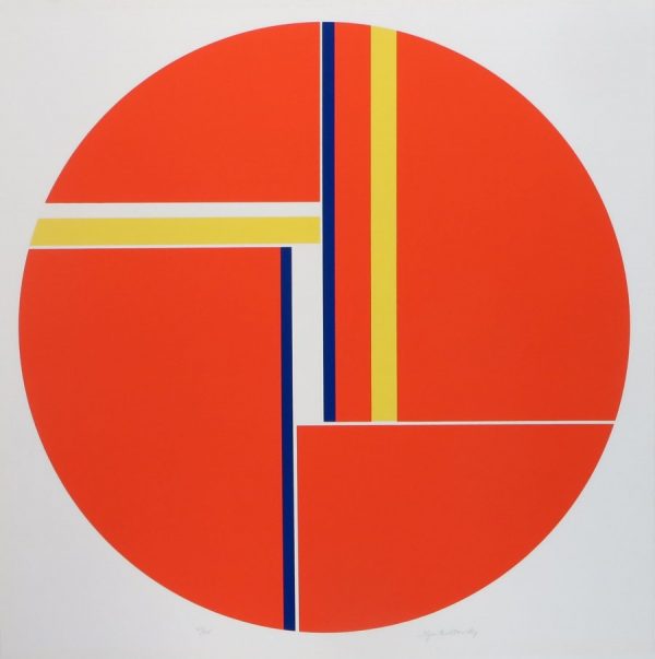 A geometric arrangement of blue and yellow lines on an orange background in the shape of a circle.