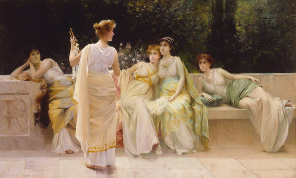 A group of women in ancient dress rest on a stone bench with one woman facing the others.
