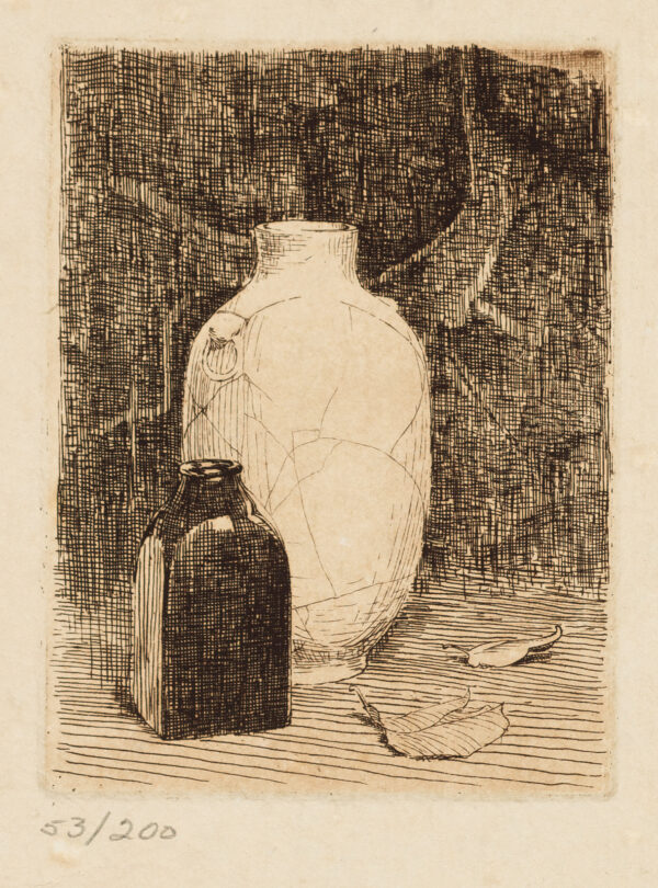 A still life of two bottles. A small dark bottle in from of a larger white bottle. A posthumous edition printed from original copper plates executed by Emil Carlsen in sepia ink on hand-made paper by Roland Poska. Printer is Roland Poska, Fishy Whale Press, Milwaukee, Published by Brett Mitchell Collection, Inc.