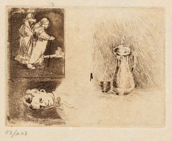 A portrait at bottom, left, is on its side; another sketch above and a pitcher is sketched on the right half of the page. A posthumous edition printed from original copper plates executed by Emil Carlsen in sepia ink on hand-made paper by Roland Poska. Printer is Roland Poska, Fishy Whale Press, Milwaukee, Published by Brett Mitchell Collection, Inc.