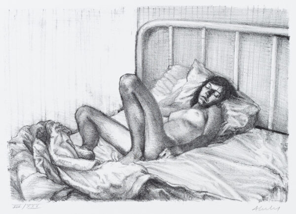 Female nude in bed.