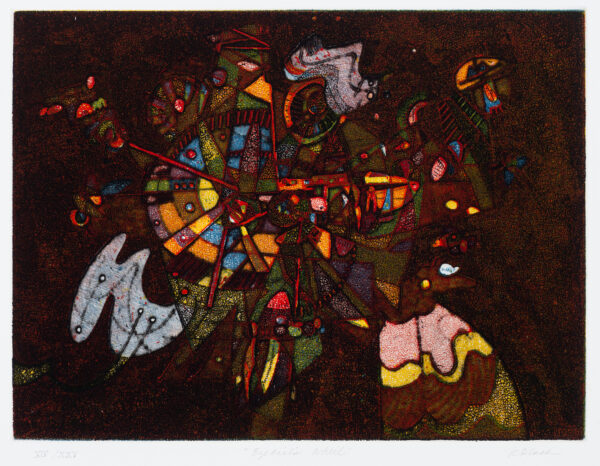 Made in reference to the vision of Ezekiel in The Bible (Ezekiel 1:15-16, Ezekiel 10:9); in which Ezekiel stuggles to describe the heavenly vision he saw.. The print is a mass of complicated texture, colors and shapes that seem non representational, and includes a similar communicative urgency to the visions of Ezekiel.