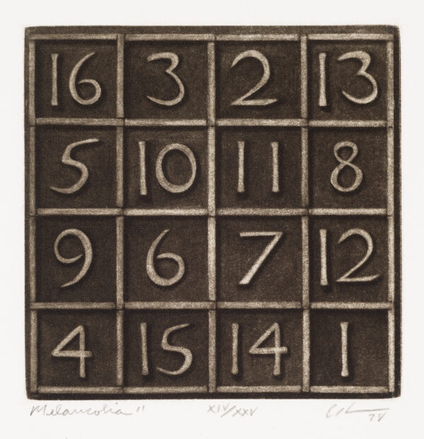 A magic square from the print Melancolia by Albrecht Dürer. All rows add up to 34.