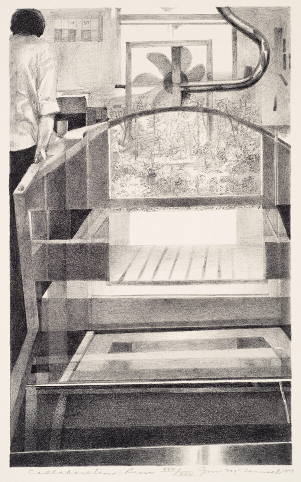 A figure is at top left and the printer's press fills the rest of the composition. A fan carries the fumes out through a window.