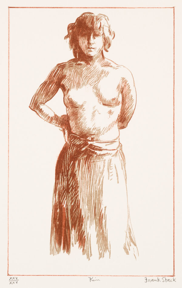 A topless figure wears a loose skirt.