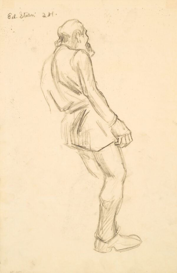 Full back view of man in belted jacket; his left arm & left leg only partially drawn; inscribed at UL: 