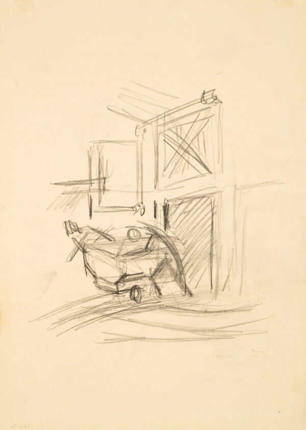 Figure pushing a cart through a door.