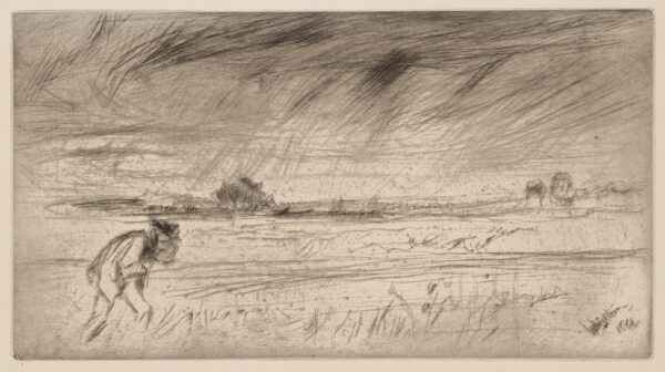 A man at left is walking bent into the wind of a storm with a house on the horizon.