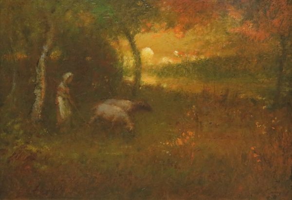 A woman with sheep in a wooded meadow.