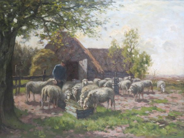 Sheep in front of a farmhouse.