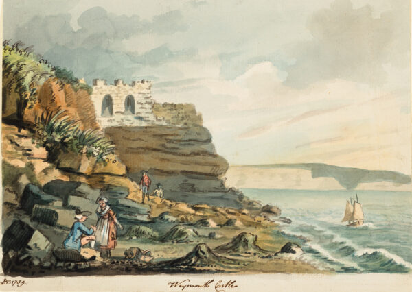 Coastal scene with building (Weymouth Castle) amid rocky cliffs at left; seated man in blue coat, standing woman in red dress & white apron, dog resting by basket in left foreground; two figures walking across rocks in left middle ground; surf & sailboat at right,; cliffs in distance at rt.