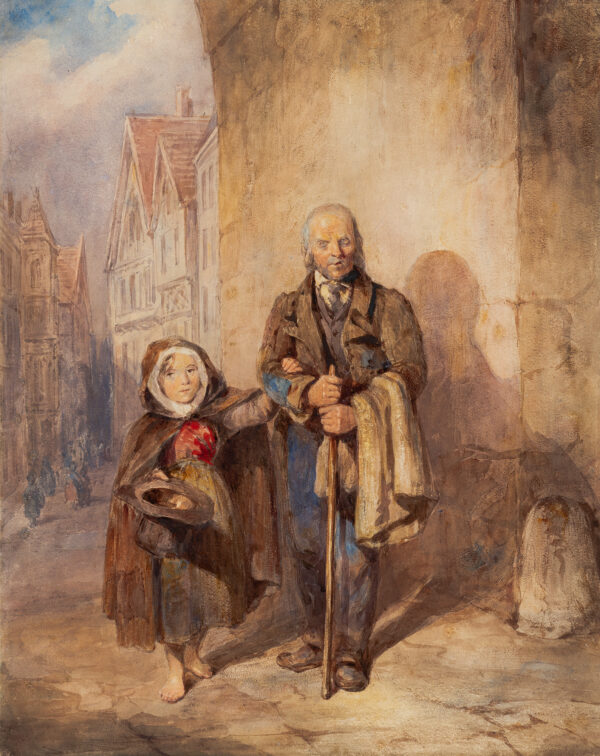 Barefoot girl with hooded brown cape and holding man's hat forward, and elderly blind man with staff; both standing arm-in-arm in center foreground; narrow sloped lane lined with Tutor-styled buildings behind.