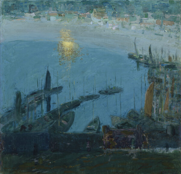 Harbor scene at night with sailboats at dock in foreground and at right is a yellow reflection of the moon in water, and an abstracted view of a town beyond.