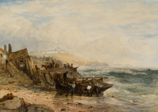 Coastal scene with fishing boat & 4 men on beach in foreground; figures & 2 pack horses behind; partial view of cottage at left; walled city & cliffs in distance.