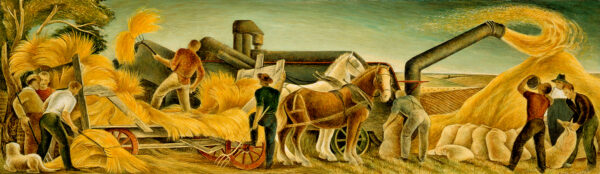 Harvest scene; at left, men pitching wheat shocks onto a horse-drawn wagon and feeding wheat into a threshing machine; at right, pile of hay with men collecting grain in sacks. This is a study for a mural in the Auburn, Nebraska post office painted for the 