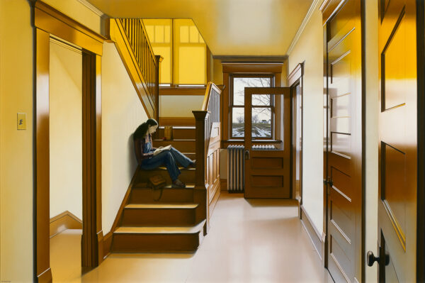 Interior view of hallway with girl seated alone on a stairway step and reading a book; doorway in foreground at extreme left with view of stairway leading downward; open door & landscape view through window at end of hallway at right.