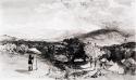 Trees & shrubs in foreground with a Sardinian? Sharpshooter posted at left; encampment with tents & groups of men at right; an expansive view of the valley & mountains beyond.