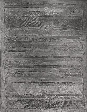 Abstraction of layered graphite and acrylic.The design is of horizontal bands of flat and textured paint, with a flat surface around the edges.